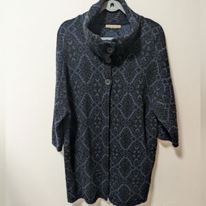 Chiramente Italian Wool Blend Cardigan In Black And Blue Geometric Pattern